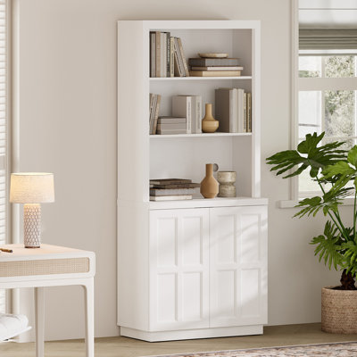Bibliothèque Boho, armoire de rangement autoportante rustique avec tablettes ouvertes, porte de rebond press-to-Open et tablettes intérieures réglables, organisateur de livre en bois anti-vacillement épaissi pour le salon, le bureau personnel, blanc