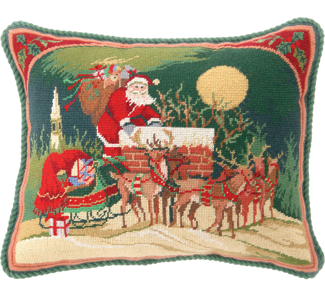 Santa & Reindeer Needlepoint Holiday Pillow - 16x20" Peking Handicraft