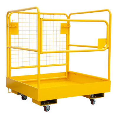Cage de sécurité pour chariot élévateur avec harnais et verrou de sécurité, nacelle de levage de 91 x 91 cm, nacelle robuste pour chariot élévateur d'une capacité de 544 kg avec 4 roues, peut accueillir de 1 à 2 adultes, plateforme de travail pliable pour la plupart des travaux en hauteur