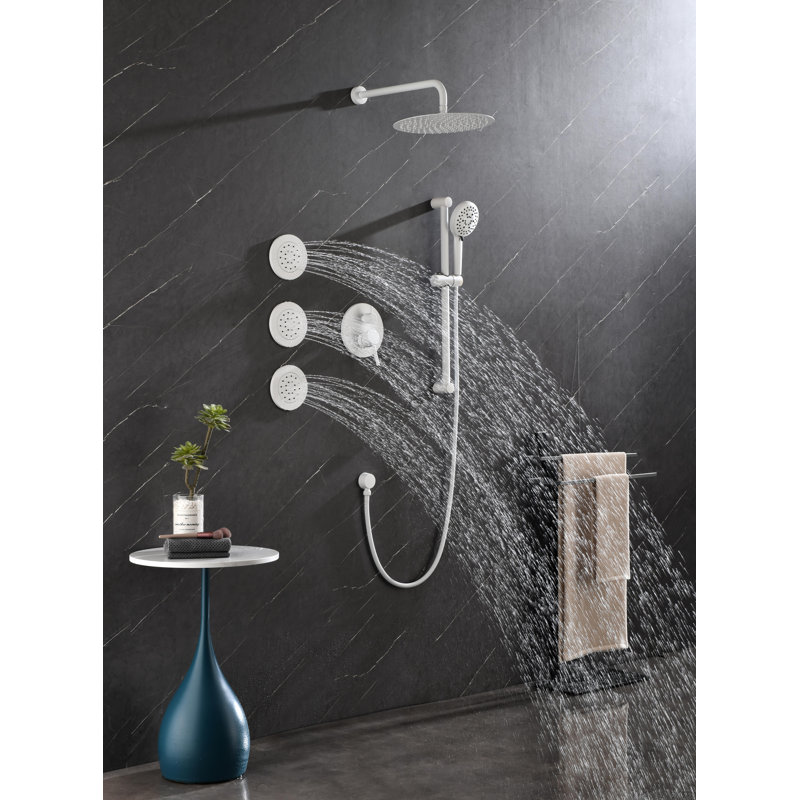 Shower System With Shower Head, Hand Shower, Slide Bar, Bodysprays, Shower Arm, Hose, Valve Trim, And Lever Handles