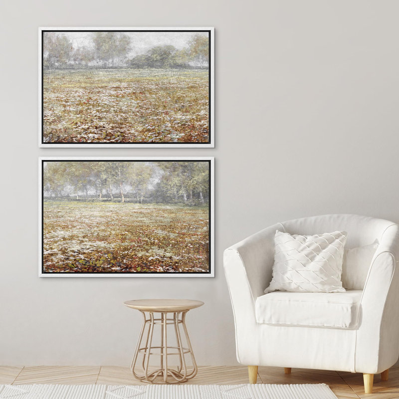 Paysage rustique, campagne, floraison, fleurs sauvages, brume d'automne, Cadre blanc, H 16 po x l 24 po