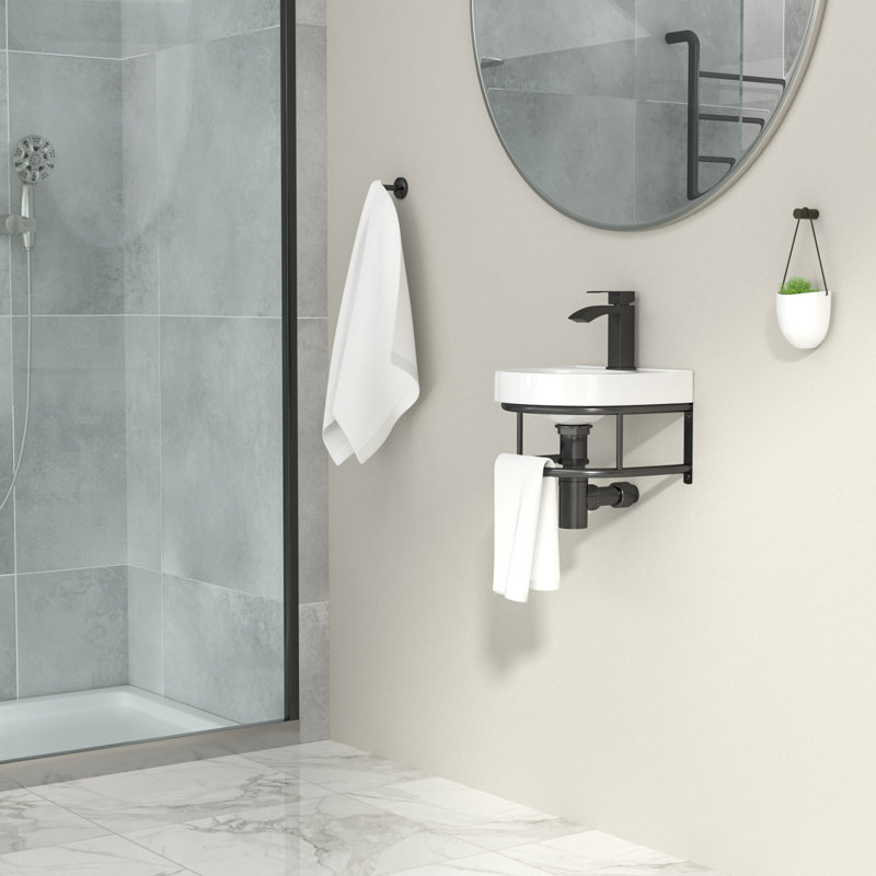 16"x14" White Ceramic Wall Mount Bathroom Sink with Towel Bar Porcelain Vessel Floating Bathroom Basin with Overflow Hole
