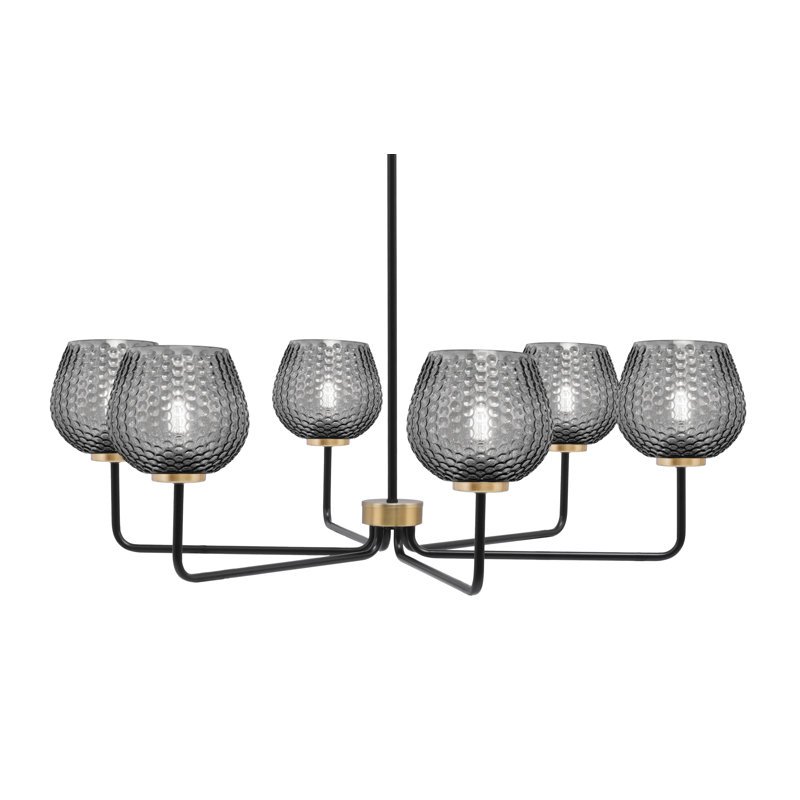 Lustre 6 lumières Amarmula, noir mat et laiton vieilli, verre texturé fumé 6 po, Transparent/noir, Noir/laiton