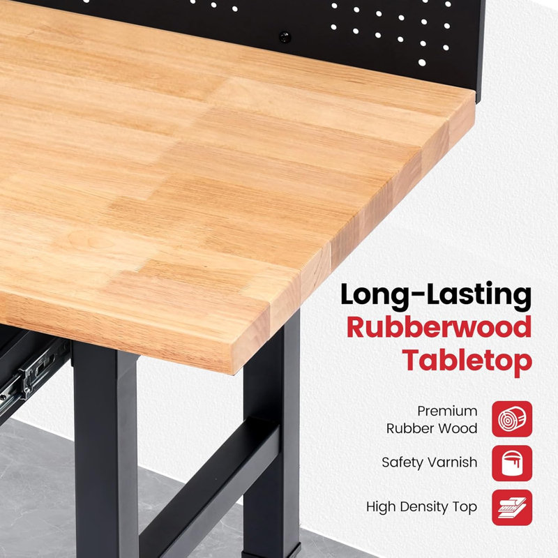 Workbenches for Garage Work Bench with Wheels 60 Inch Adjustable Rubber Wood Top Garage Workbench with Drawers, Pegboard, Power Outlets