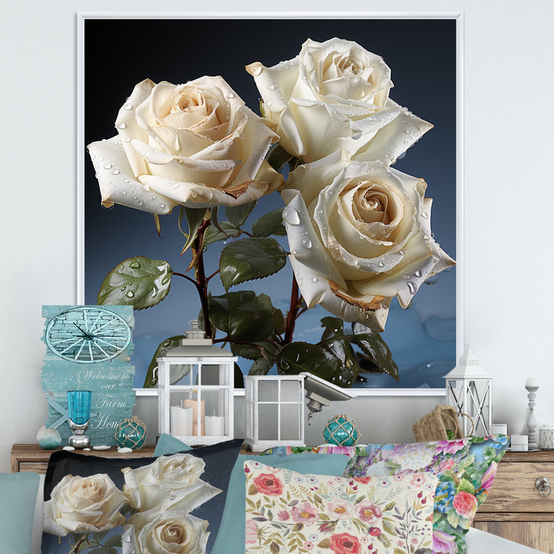 Monocrhome roses blanches en fleurs, H 16 po x l 16 po x P 1 po, Cadre flottant blanc