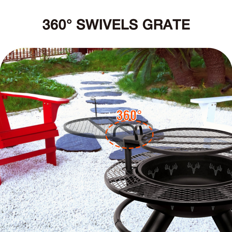 Arlmont & Co. Large 47" Wood Burning Fire Pit Outdoor Backyard Patio Fire Pit With Cooking Grill Grate, Deer Head Style