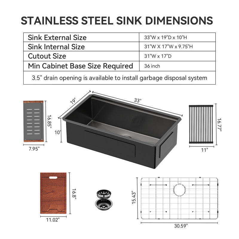 33 Inch T304 Stainless Steel Undermount Workstation Kitchen Sink