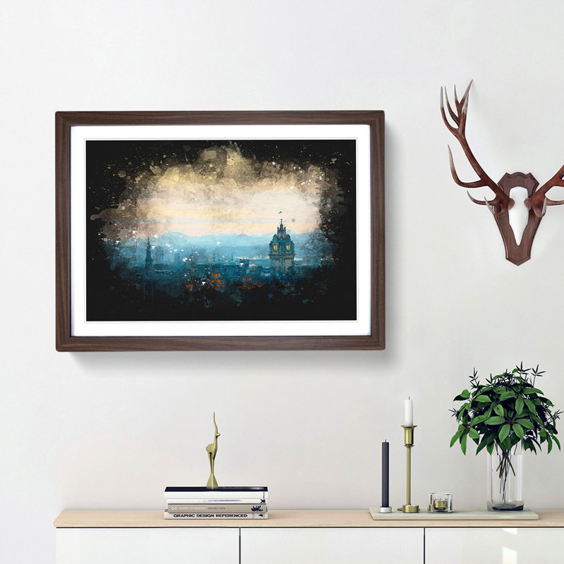 Edinburgh Skyline In Scotland Paint Splash - Picture Frame Graphic Art, 24cm H x 33cm W x 2cm D, Walnut Framed