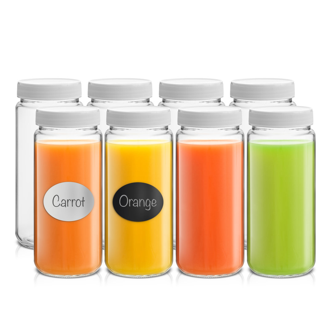 JoyJolt Glass Juice Bottles with Black Lids, 16oz (Set of 8) JoyJolt 