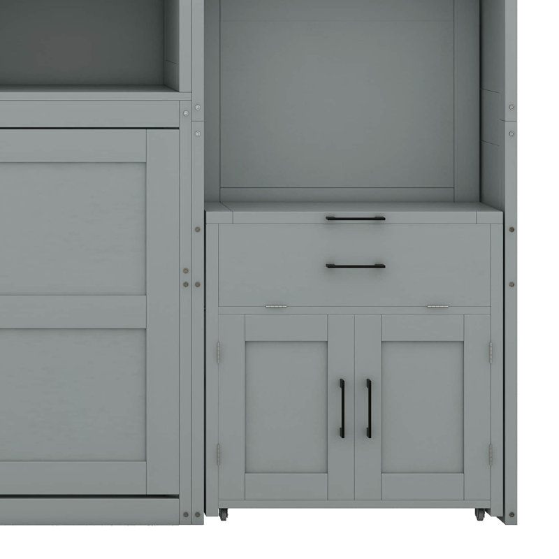 Twin Size Murphy Bed Cabinet With Desk, Closet, Storage Drawers Lockers & Shelves, Gray