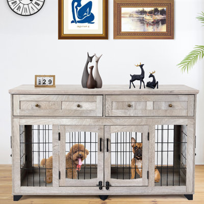 Mobilier de caisse pour chien en bois de 58 po, table de bout avec 5 portes et 2 tiroirs, cloison amovible, cage intérieure multi-pièces et maison pour petits, moyens et grands chiens, gris