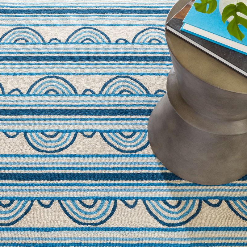 Tapis bleu en laine à boutons crocheté à la main, Rectangulaire 2 pi x 3 pi