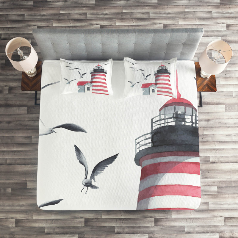 King Size White Quilted Bedspread Set with Lighthouse Design