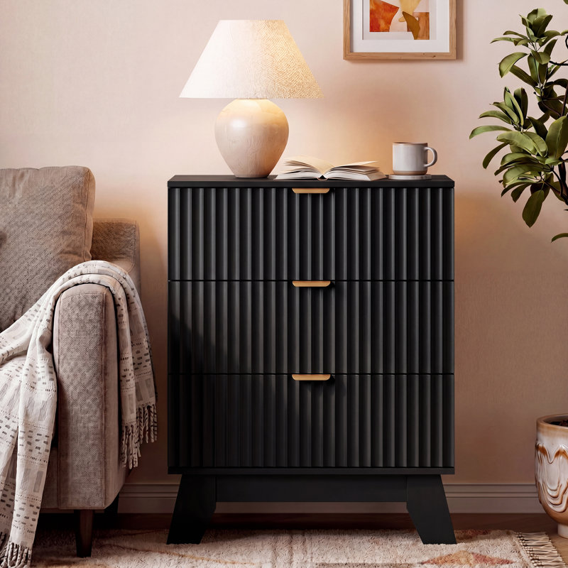 Commode à 3 tiroirs cannelée pour chambre à coucher avec commode, commode en bois de 23,6 po de largeur, table de chevet