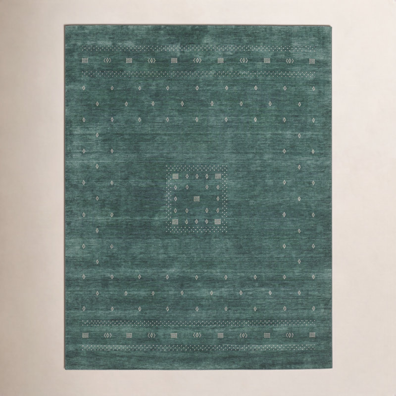 Simi Hand Knotted Cotton/Wool Southwestern Area Rug, Green, Rectangle 9' x 12'