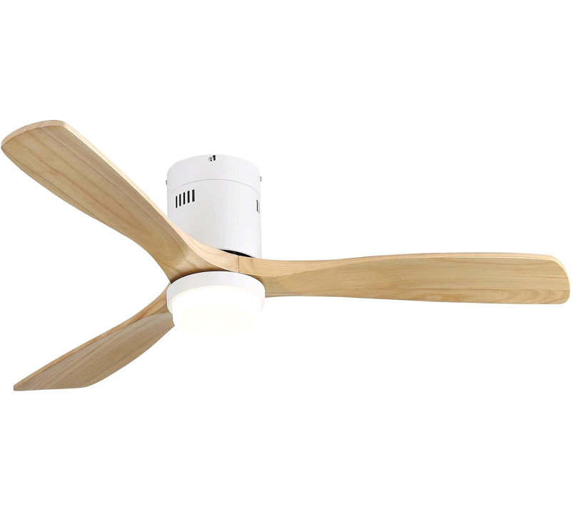 Ventilateur de plafond 52 pouces avec 3 lumières et 3 pales en bois massif, Blanc, Naturel