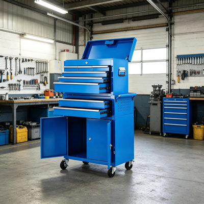 8-Drawer Heavy-Duty Rolling Tool Chest - Detachable cabinet, lockable wheels, sliding drawers, secure locking system. High-capacity organizer for workshop, garage, and mechanics. (Blue)