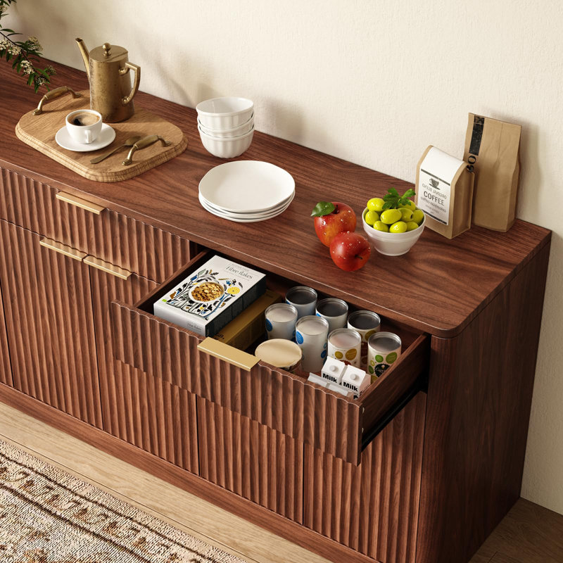 67" Oak Fluted Sideboard Buffet Cabinet With 3 Drawers For Kitchen, Living Room And Entryway, Walnut
