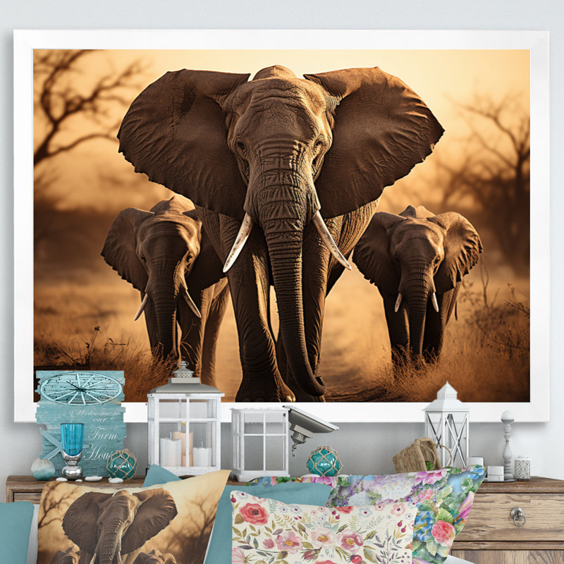 «Elephant Shadows Of Serenity I», art sur toile éléphant, Cadre simple blanc, H 12 po x l 20 po x P 1 po