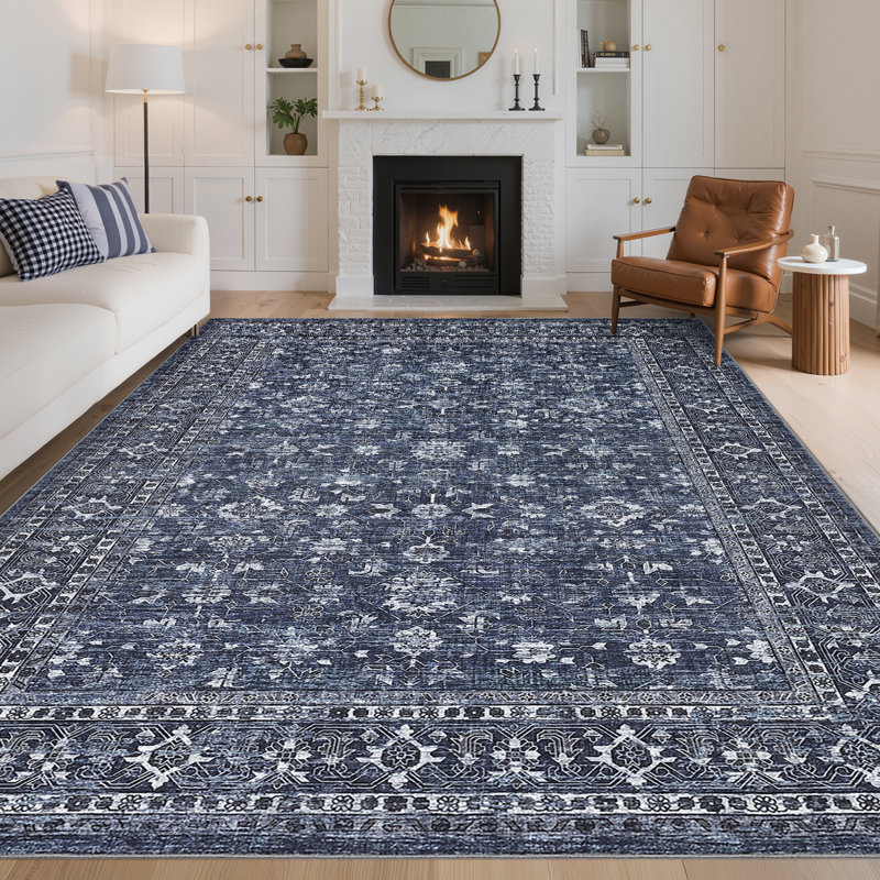 Washable Rug Vintage Rug with Non Slip TPR Backing, Traditional Oriental Carpet, Low Pile Thin Foldable Floor Covering, Soft Non Shedding Printed Mat for Living Room Bedroom Nursery