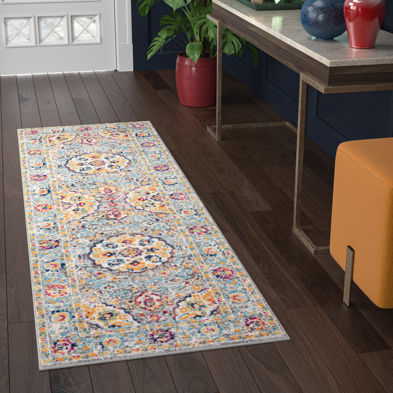Tapis oriental turquoise / jaune Menton, Tapis de couloir : 2 pi 2 po x 7 pi 3 po