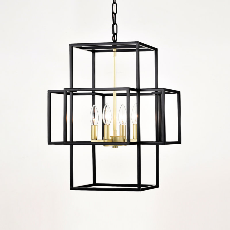 4- Lanterne en métal - noir mat et or, luminaire suspendu de style américain pour le salon, la chambre à coucher, le vestibule, plafond industriel à hauteur réglable dans une lanterne dorée, couloir, escalier