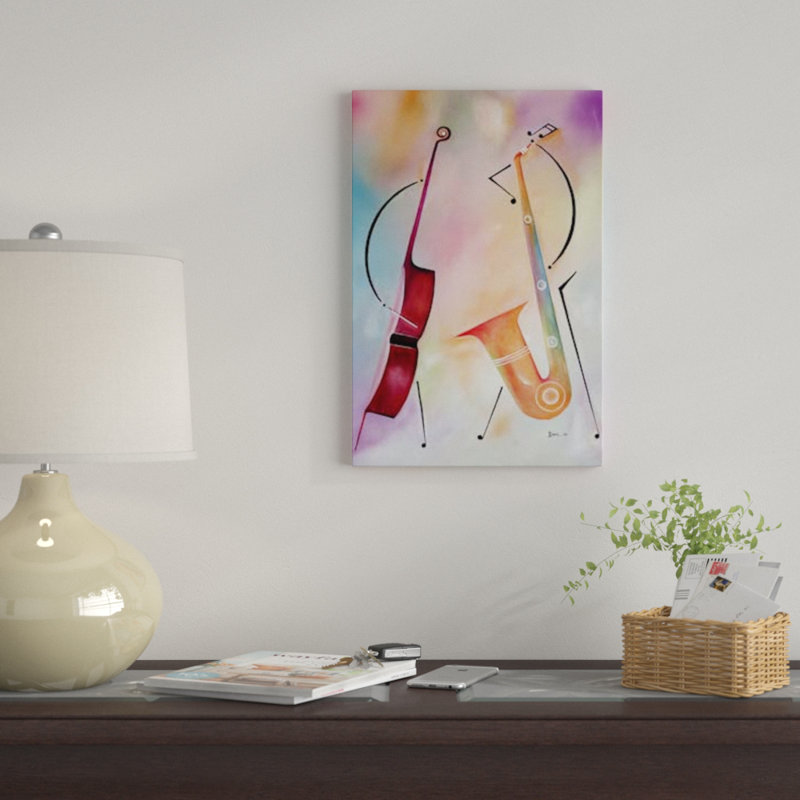 « bass et sax », impression sur toile, H 12 po x l 8 po x P 0,75 po, Toile tendue, Pas de tapis