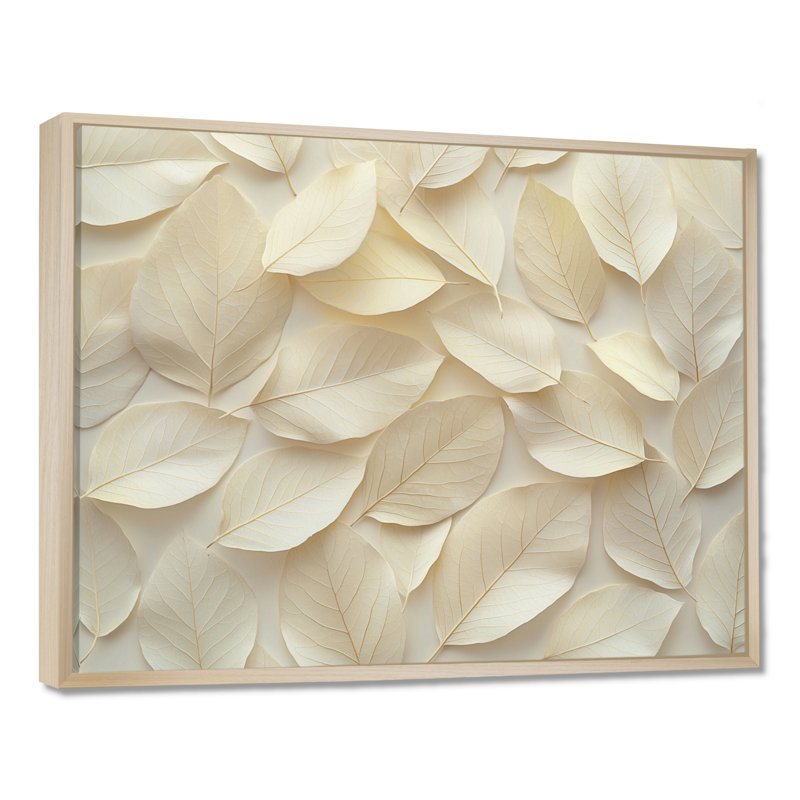 Ivoire, feuilles, collage, feuillage IV - art mural feuilles, H 34 po x l 44 po, Impression encadrée flottante, Crème, crème