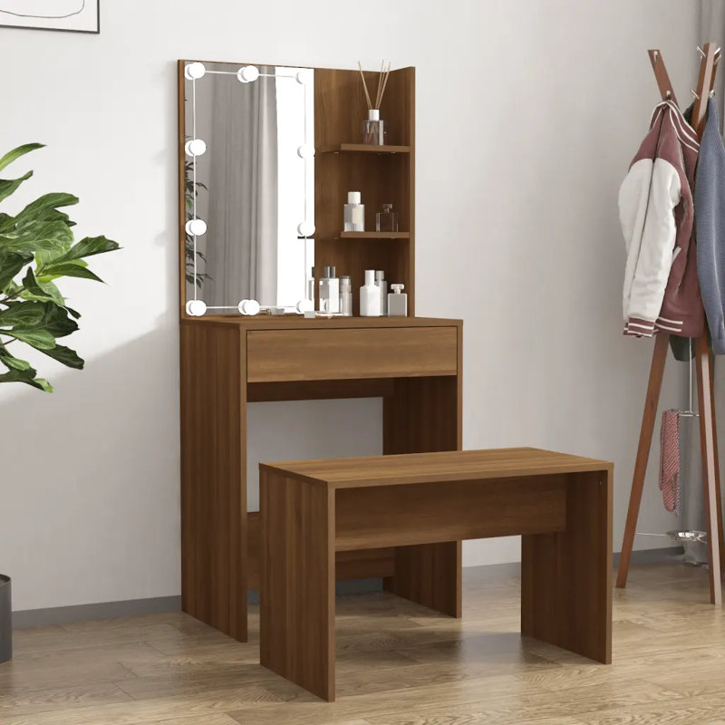 Itasha Dressing Table Set with LED Engineered Wood, Brown Oak
