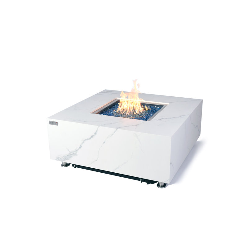 Square Stone Smokeless Outdoor Fireplace, Propane, Bianco White, 42.9cm H x 100.1cm W x 100.1cm D