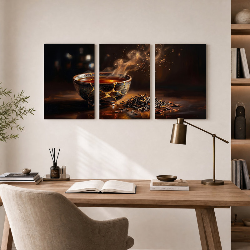 Ensemble de 3 bols à thé avec fissures dorées et feuilles volantes, H 36 po x l 24 po x 3 pièces