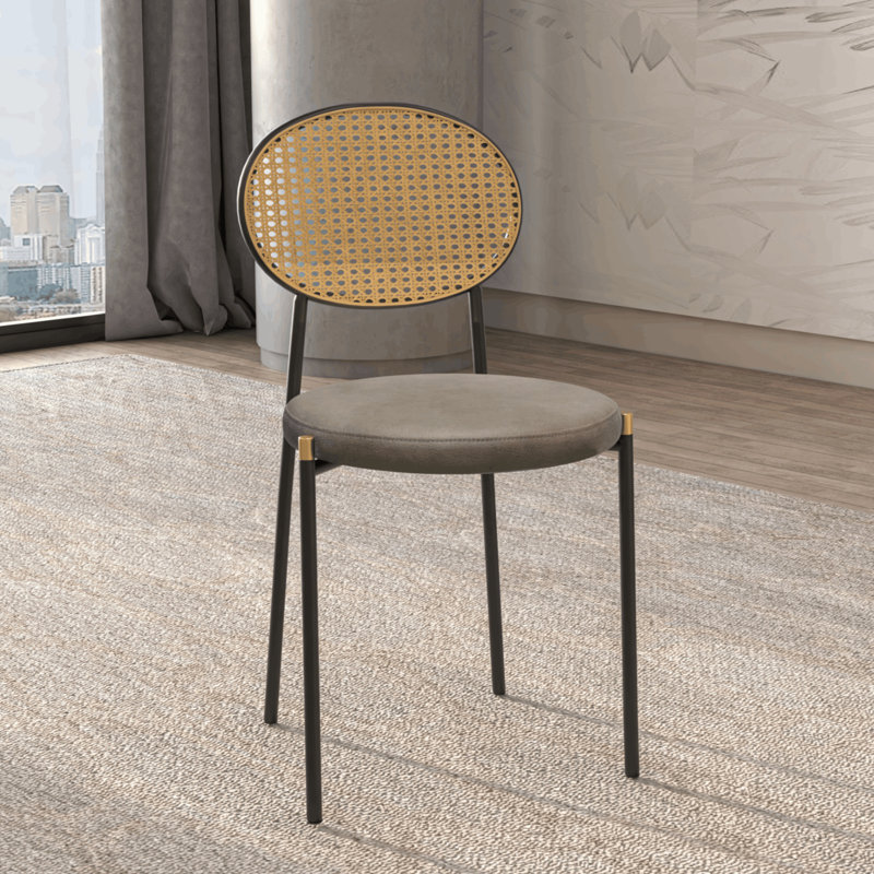 Aide Leather Dining Side Chair with Rattan Back and Black Metal Legs – Mid-Century Boho Chair for Kitchen and Dining Room