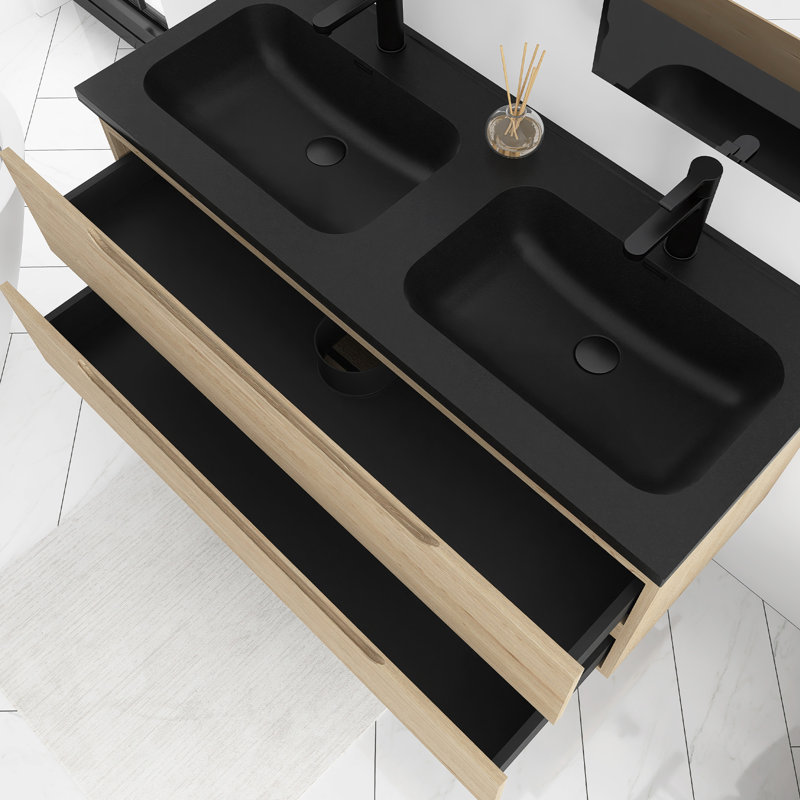 Meuble-lavabo double mural 48 po en chêne Evita avec plateau en quartz intégré