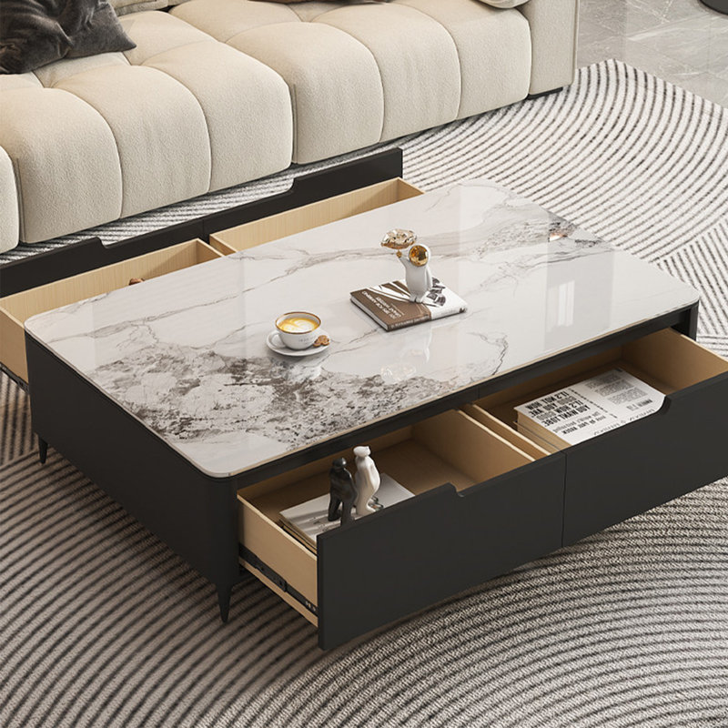 Luxury-Style Granite-Panel Storage Coffee Table, White/Gray, 16.5" H x 55.1" L x 27.6" W, Black