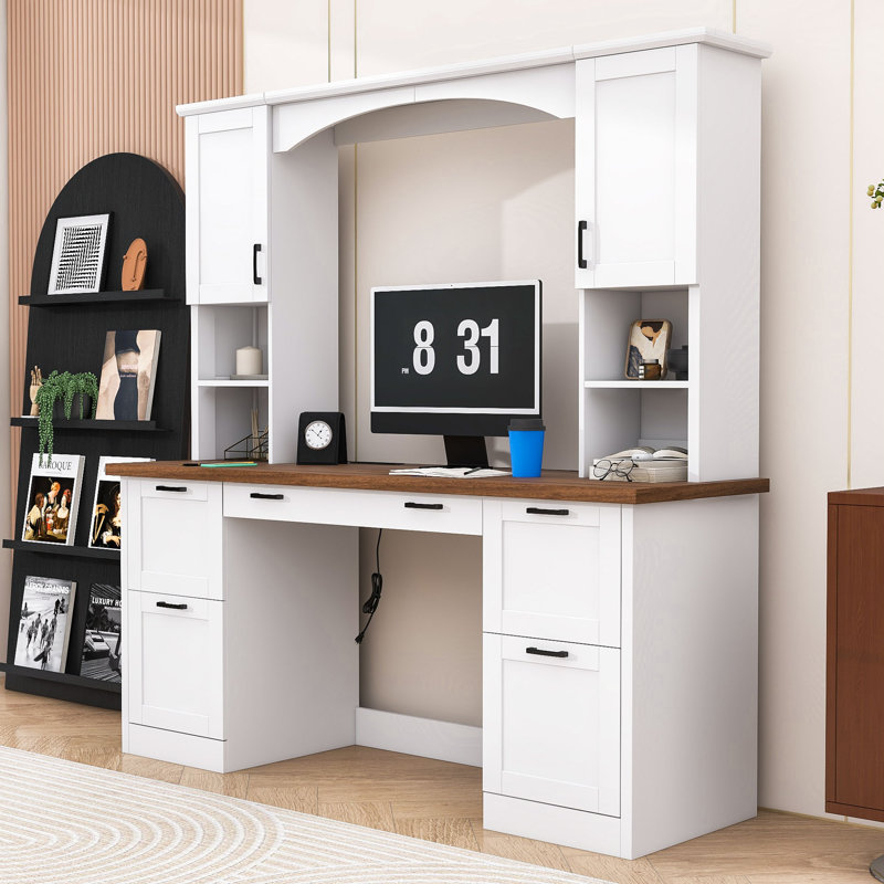 Bureau d'ordinateur arqué moderne avec huche, station de charge intégrée, plateau coulissant et grand espace de rangement