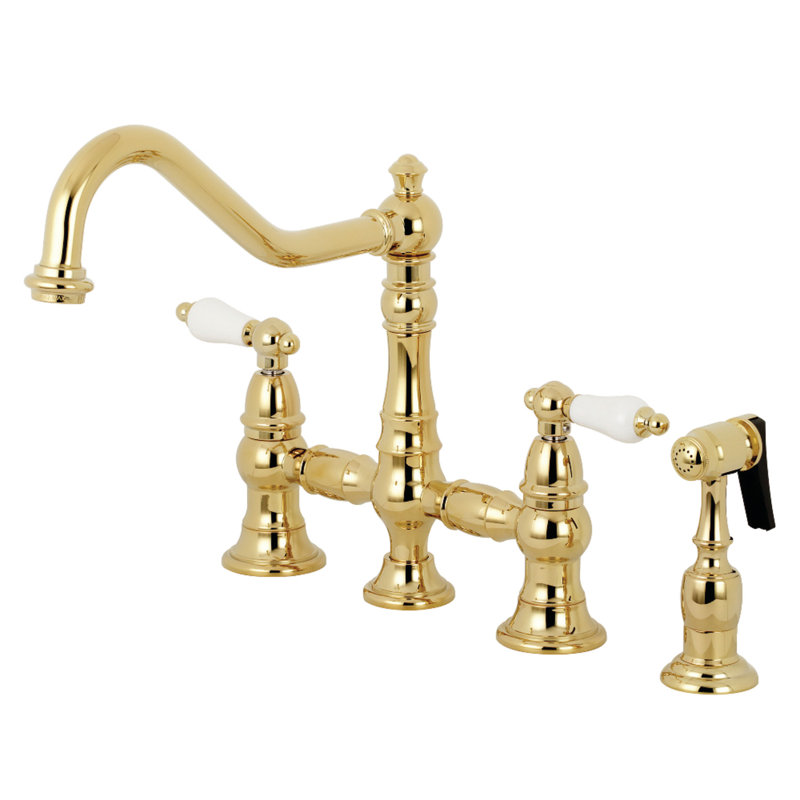 Kingston Brass Restoration Two-Handle 4-Hole Deck Mount Bridge Kitchen Faucet with Brass Side Sprayer, Polished Brass