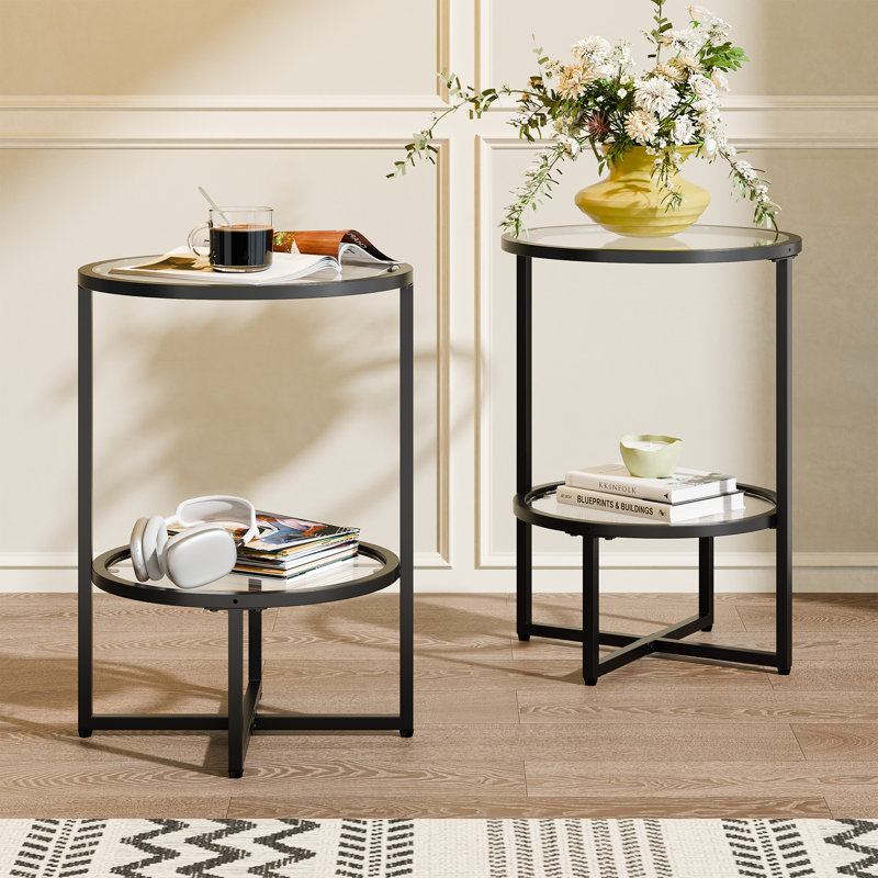 Glass Top End Table Set With Metal Frame, Black