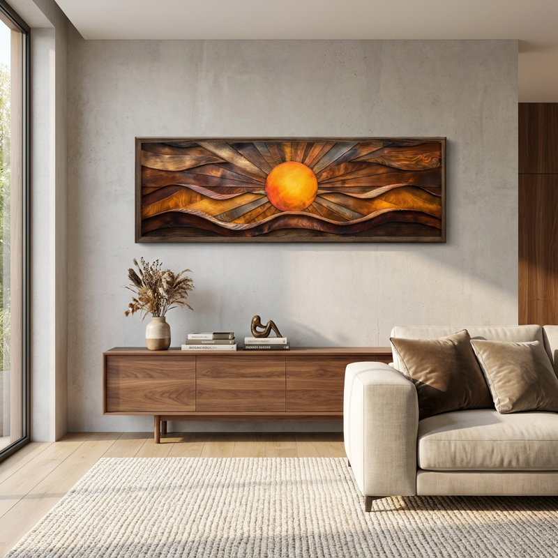 Tableau en relief en bois encadré « Horizon doré rayonnant »