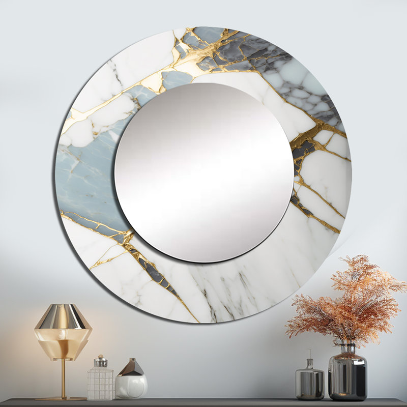 Obim abstrait géode or et blanc marbre I - marbre unique miroir mural, miroir rond moderne, art imprimé en métal