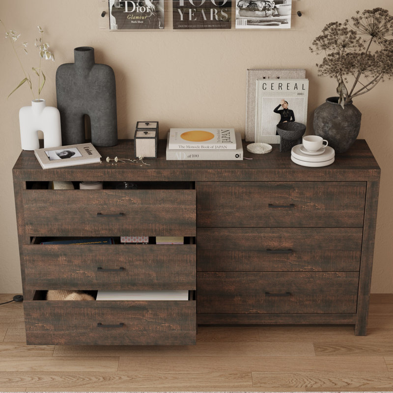 Commode à six tiroirs de style rustique, Brun