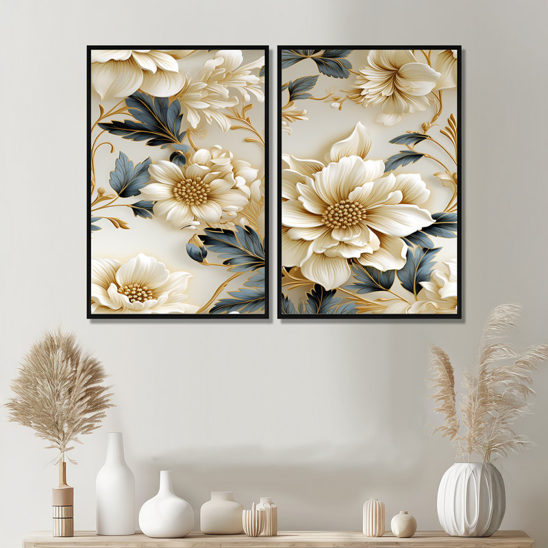 Or blanc, élégance de fleurs bleues et bleues, art mural moderne, H 36 po x l 48 po, Impression encadrée flottante, Noir