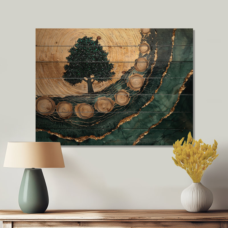 Paysage de forêt de pins sur un horizon émeraude III - décoration murale en bois de forêt - sur bois de pin naturel