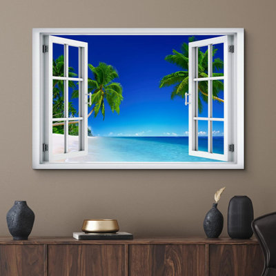 Window Scenery " Window View Neon Palm Tree Blue Ocean Beach Horizon Nature Pictures Scenic Landscape "
