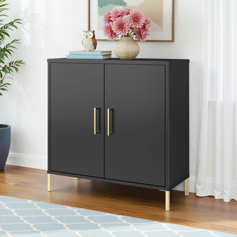 Armoire de rangement basse Caleshia, Pointillé noir / laiton brossé mat