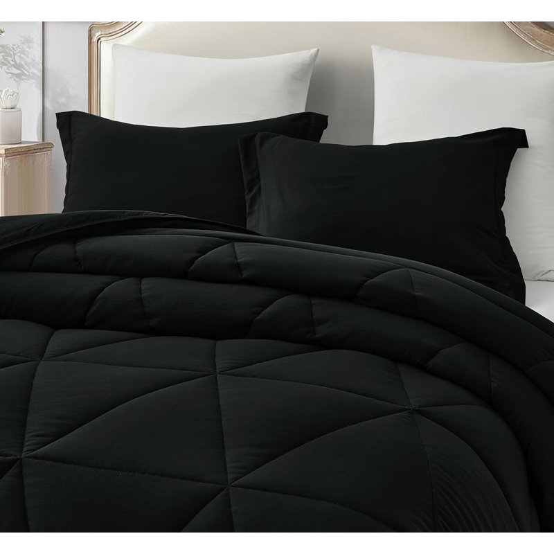Washed Microfiber Bedding Polyester Comforter, Twin Comforter + 1 Standard Sham, Black