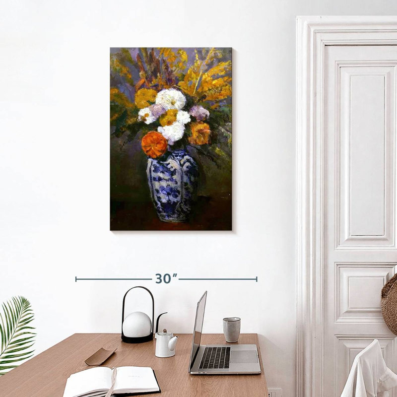 Dahlias dans un vase de Delft, H 30 po x l 20 po
