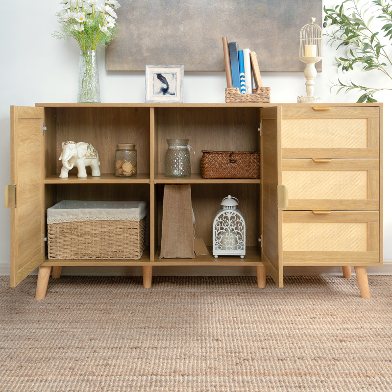 Rattan Sideboard Buffet Cabinet with 2 Doors, 3 Drawers, and Storage for Living, Dining, or Kitchen