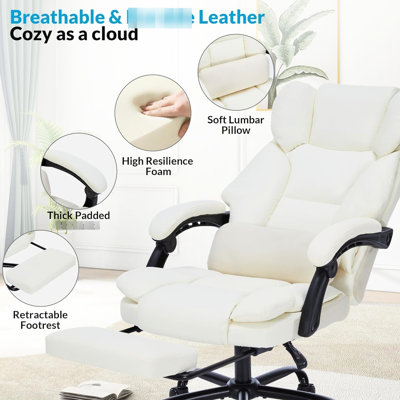 Chaise d'ordinateur inclinable avec accoudoirs et support lombaire, pivotant en cuir PU pour bureau, conception confortable, capacité de poids de 600 lb, coussin blanc,