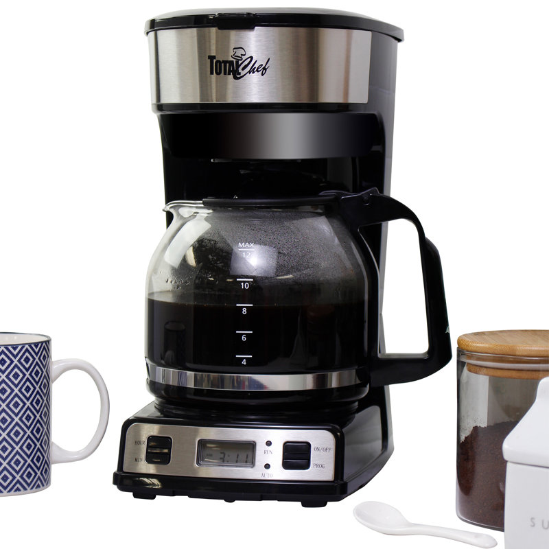 Total Chef Programmable 12 Cup Coffee Maker with Filter Black and Silver
