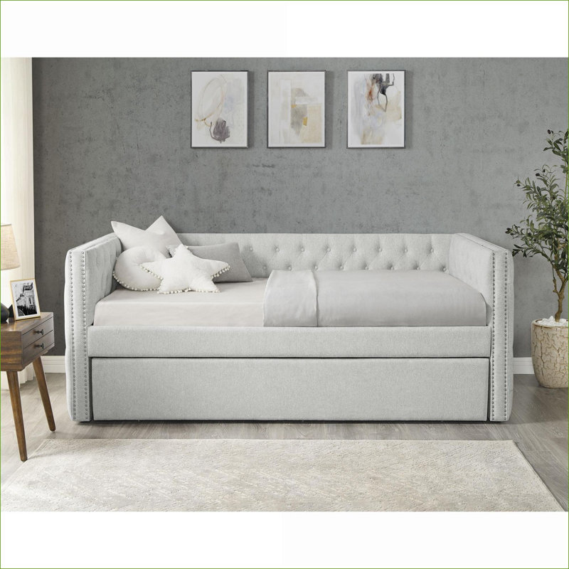Daybeds Modern Button Tufted with Pull-Out Trundle Dove Gray for Bedroom Living Room | Gray | Solid Wood